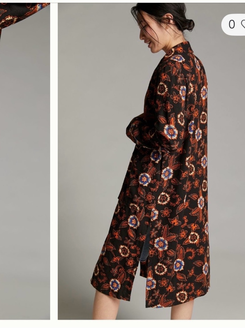 Anthropologie Black Floral Midi Duster with Rust and Blue Accents